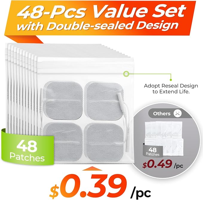AUVON TENS Unit Electrode Pads 2"x2" 48 Pcs Value Pack, Reusable Latex-Free | TENS Unit Pads with Upgraded Self-Adhesion, Non-Irritating Replacement Pads Compatible with TENS 7000, Etekcity, Nicwell