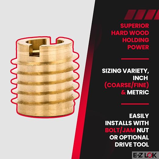 E-Z LOK Knife Threaded Insert for Hard-Wood, Brass Thread Inserts 5/16-24 Internal Threads, 0.625" Length Pack of 10
