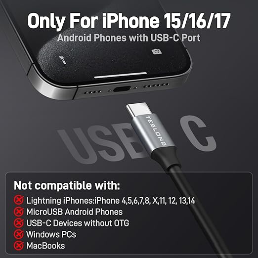 USB C Endoscope Camera with Light, Teslong Type-C Snake Borescope Camera with 8 LED Lights, 10FT Flexible Waterproof Inspection Cam, Fiber Optic Scope Compatible with iPhone 15/16/17, Android Phone