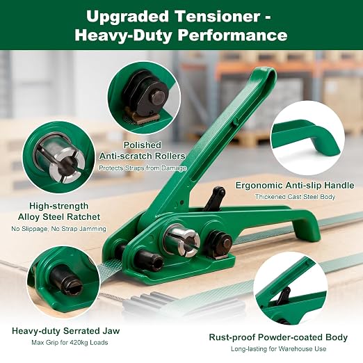 Banding Strapping Kit, 1200lbs Break, Heavy Duty 5/8'' x 1000' PET Strapping Roll, Pallet Strapping Kit with Tensioner & Banding Sealer for Warehouse, Includes Metal Seals, Buckles, Corner Protectors