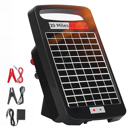 20 Miles Solar Powered Electric Fence Charger – 0.32J Output, 24/7 Day/Night Protection, Portable Fence Energizer for Dogs, Chickens, Garden, Livestock, Rechargeable Solar Panel, Rugged & Waterproof