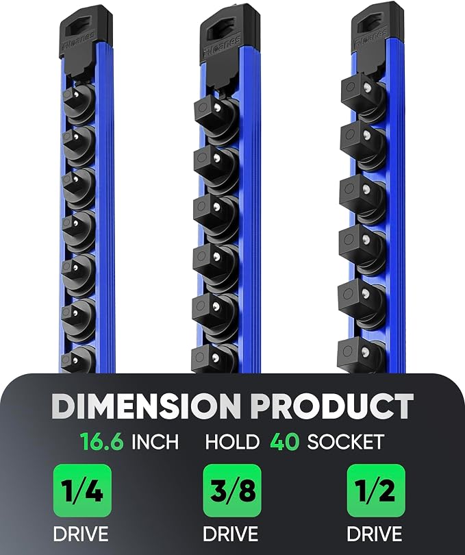 ALOANES Magnetic Socket Organizer Set, 3-Piece Heavy Duty Aluminum Socket Rails, 360° Swivel Clips Socket Rail Kit for Tool Tray Drawer Fit 1/2, 3/8, 1/4-Inch x 40 Clips (Blue, 3PC)