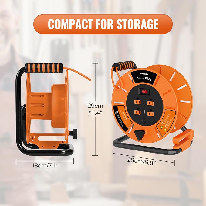 18W LED Work Light and Extension Cord Storage Reel with 4-Grounded Outlet & 2 USB Port Bundle, for Garage, Workshop, Car Repair Scene, ETL Listed J04WL06-G85CR06