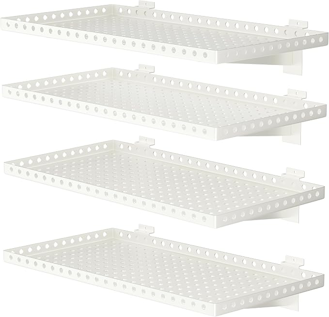 4 Pack Slatwall Shelves, Heavy Duty White Metal Slat Wall Shelf for Retail, Garage, Home Storage, 110 lbs Load Capacity, Universal Slatwall Accessories(14 x 24 Inch-4, White)