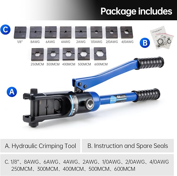 Industrial Hydraulic Cable Lug Crimper (16 TON) 8 AWG to 600 MCM Electrical Terminal Cable Wire Tool Kit with 13 Die Sets