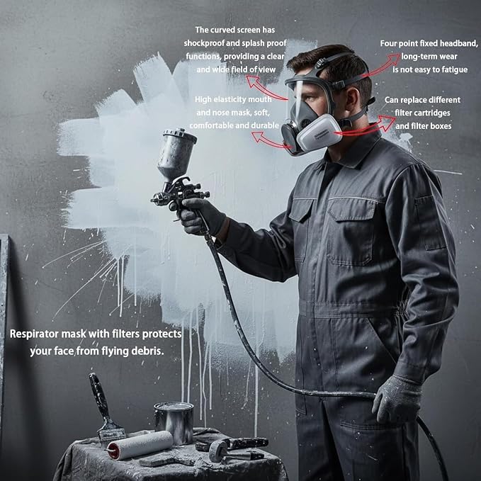 Full Face Respirator Mask with Extra Filters, Reusable Gas Mask for Organic Vapors, Dust, Paint, Chemical Work & Woodworking, Complete Kit with Earplugs & Storage Bag