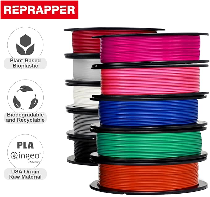 RepRapper Rapid PLA Plus (PLA+) Filament Bundle 1.75 mm, Dimensional Accuracy +/- 0.02 mm, 10 Rolls of 0.25kg, (Black+White+Grey+Blue+Red+Green+Purple+Pink+Orange+Transparent)