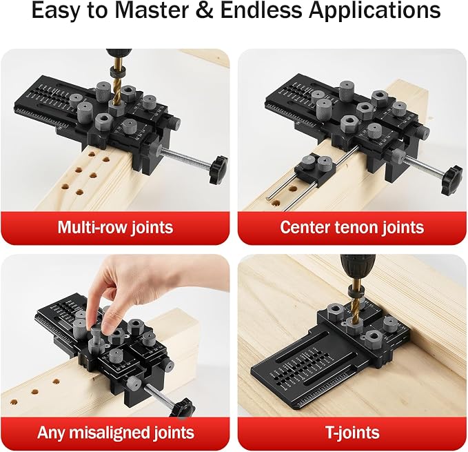 Woodworking Dowel Jig Kit, Precision Drill Guide with 1/4 3/8 1/2 Inch Bushings & Drill Bits, Adjustable Doweling Jig for Straight Holes, Quick Clamp System for Furniture Cabinet DIY Wood Joints