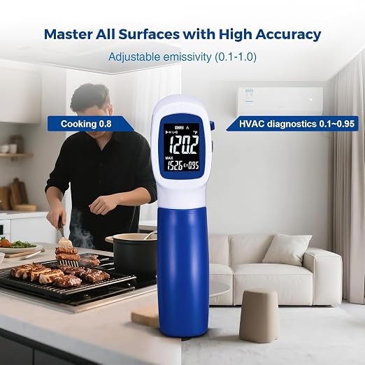 Ring Laser DS20:1 Infrared Thermometer Temperature Gun with Meat,Thermal Gun with Adjustable Emissivity&High/Low Alarm,±1% Accuracy,-58~1832℉ IR Temp Gun with Reverse Display for Food HVAC