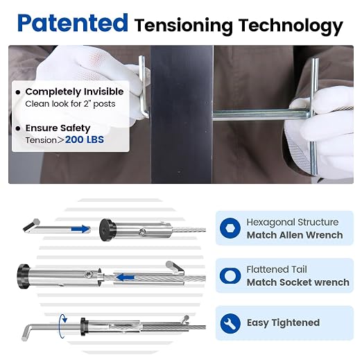 [Patent] Muzata 10 Pack 1/8" Black Swageless Invisible Cable Railing Kit Hardware Swageless Fittings Tensioner Hidden for 2"x2" Metal Post T316 Stainless Steel Deck Cable Railing System CB04