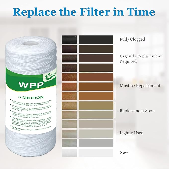 5 Micron Water Filter 10" x 4.5", 10-inch Whole House Heavy Duty String Wound Sediment Pre-Filters for Well Water, Replacement Cartridge for WP5BB97P, RS22, SWC-45-1005, PC10, 355214-45, 4-Pack