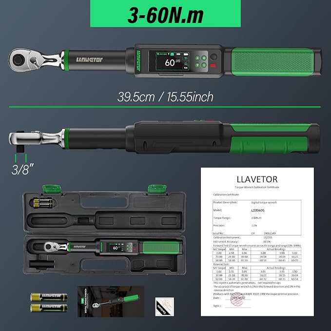 2026 Upgraded Digital Torque Wrench 3/8" Drive, 2.2-44.3 Ft-lbs/3-60 N.m, ±2％ Torque Wrench with Buzzer & LED Indicator for Automotive Motorcycle & Bicycle (3/8-Inch, 2.2-44.3 Ft-lbs)