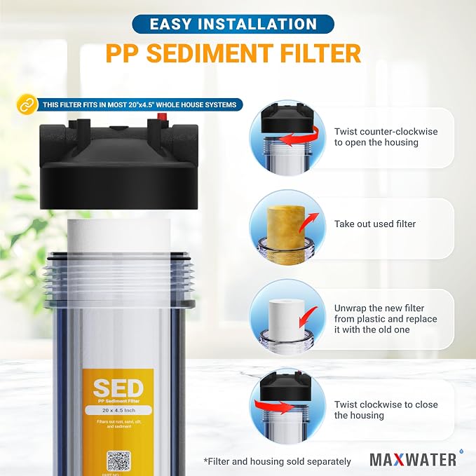 Max Water 5 Micron 20 x 4.5 Whole House Sediment Filter 20 inch Well Water Filter Replacement Cartridge Compatible DGD-5005-20, FP25B, AP810-6, FPMB5-20, 155358-43, 2 Pack