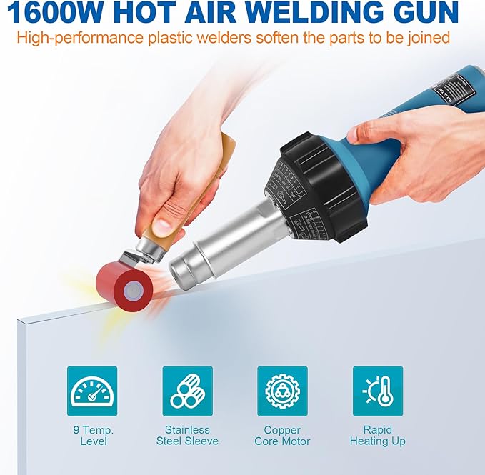 1600W 110V Hot Air Welder Heating Gun, TPO PVC Vinyl Welding Kit with Welding Speed Nozzle Roller Rod Carry Case, 40-600℃ Adjustable Temperature, Handheld Hot Air Torch Plastic Welding Gun