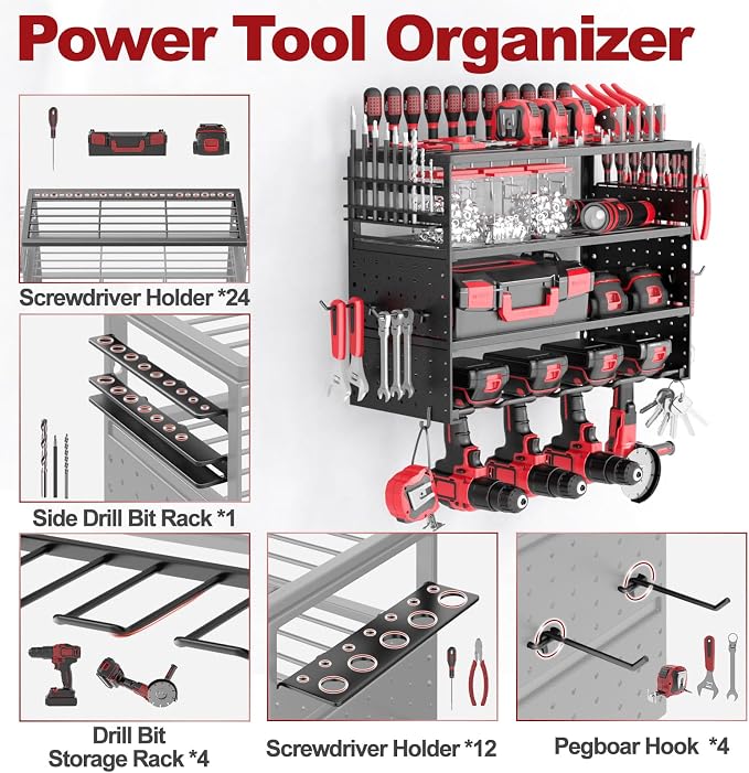 Power Tool Organizer Wall Mount - 4 Layer Metal Power Tool Storage Rack, Cordless Tool Holder with 4 Hooks, Utility Storage Rack for Garage Workshop Shed Pegboard