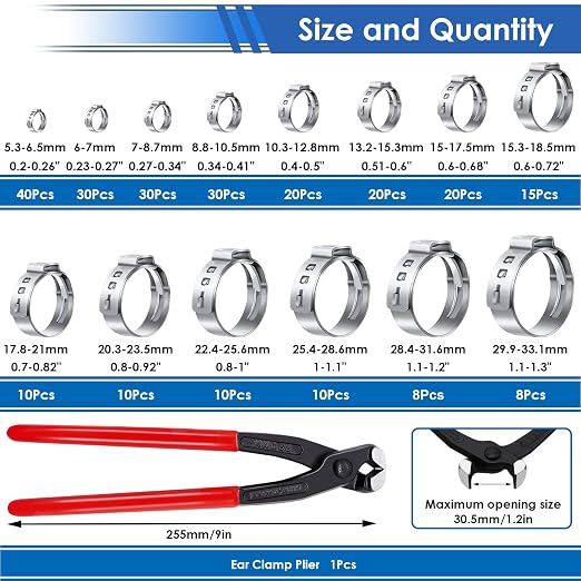 350Pcs 5.3-51mm Single Ear Hose Clamps with Worm Gear Hose Clamps Assortment Kit Pack in Handheld Box for Auto/Home Appliance/Pipe/Fuel Line