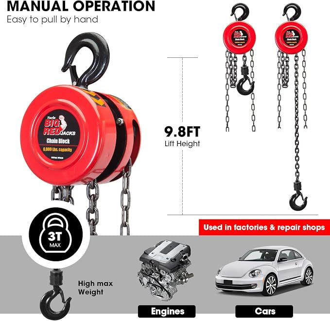 BIG RED TR9030 Torin Manual Hand Lift Steel Chain Block Hoist with 2 Hooks, 3 Ton (6,000 lb) Capacity, Red
