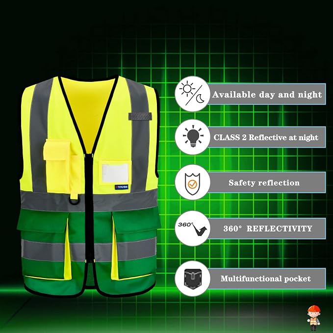 A-SAFETY yellow green work vest | Yellow/Green 2XL work vest with 7 pockets, clear ID pocket and radio mic loop for property maintenance; unisex workwear.