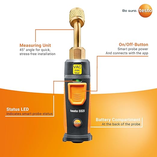 testo 552i Wireless Digital Vacuum Probe - Vacuum Gauge for HVAC Systems with IP54 Protection – 45° Service-Port Design - HVAC Tool for AC/R System Evacuation with Bluetooth and App