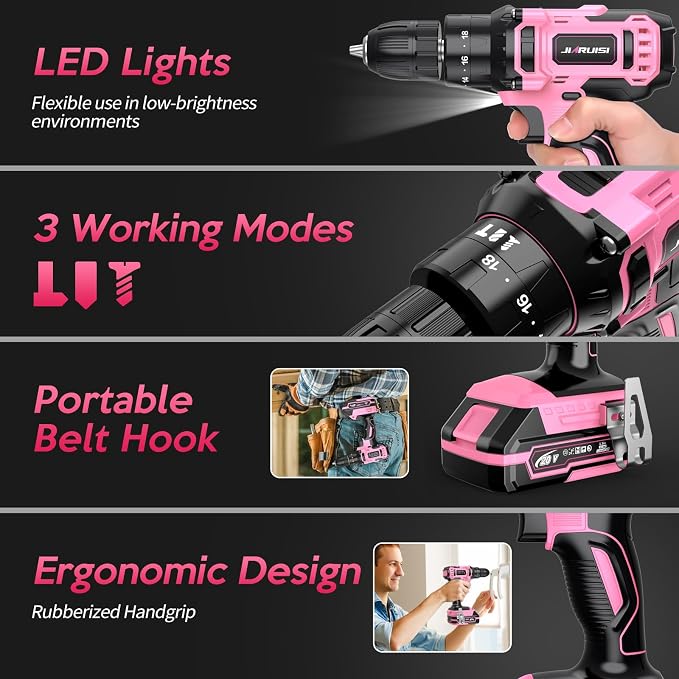 20V Cordless Drill, Electric Power Drill Set with Battery Charger and Carrying Case, 3/8” Keyless Chuck, 2 Variable Speed, 18+3 Torque, 72pcs Driver Bits and Belt Hook, Pink