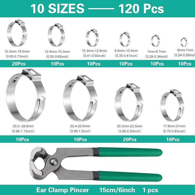 MIAHART 120Pcs Stainless Steel Single Ear Hose Clamps with Ear Clamp Pincer 10 Sizes 304 Stepless Crimp Clamps for Securing PEX Tubing Pipe Hose and Automotive Use with Storage Box 1/4 inch-1 1/8 inch