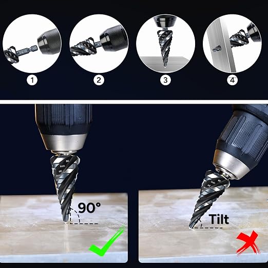 Four Spiral Flute Step Drill Bit Set, 1/8"-1-3/8" (59 Sizes), 5PCS High-Speed Steel Unibit Step Bits with 1/4" and 3/8" Hex Shank for Stainless Steel,Metal,Aluminum,Wood,Plastic