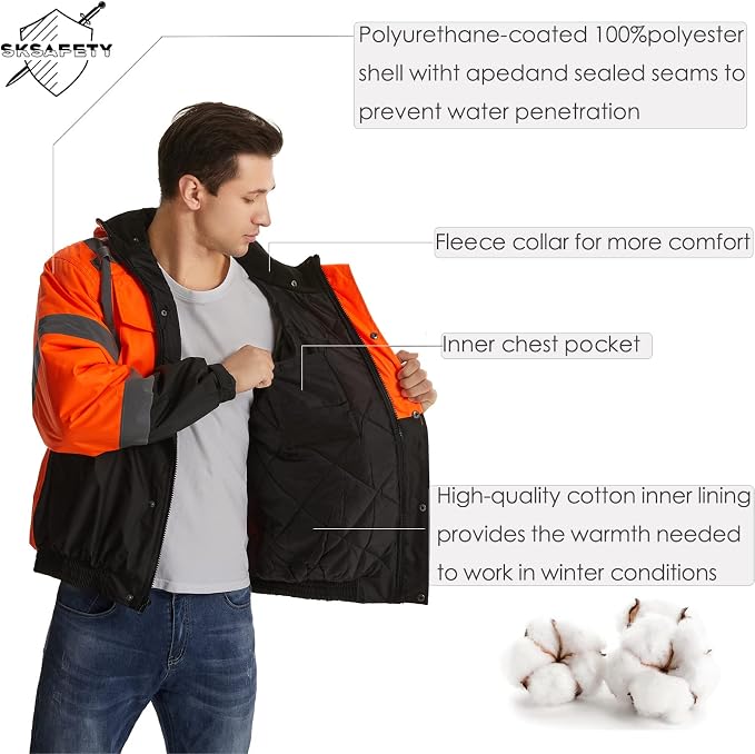 SKSAFETY High Visibility Reflective Jackets for Men, Waterproof Class 3 Safety Jacket with Pockets, Hi Vis Orange Coats with Black Bottom, Mens Work Construction Coats for Cold Weather, Medium, 1 Pack