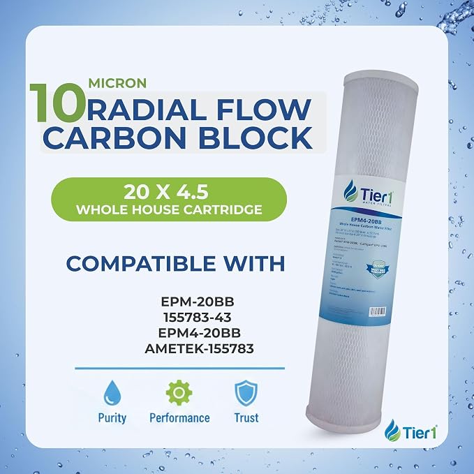 Tier1 10 Micron 20 x 4.5 Water Filter | Whole House Radial Flow Carbon Cartridge | Granular Activated Pre-Filter | Replacement for Pentek EPM-20BB, 155783-43, EPM4-20BB | 4.5 x 20 Water Filter (2pk)