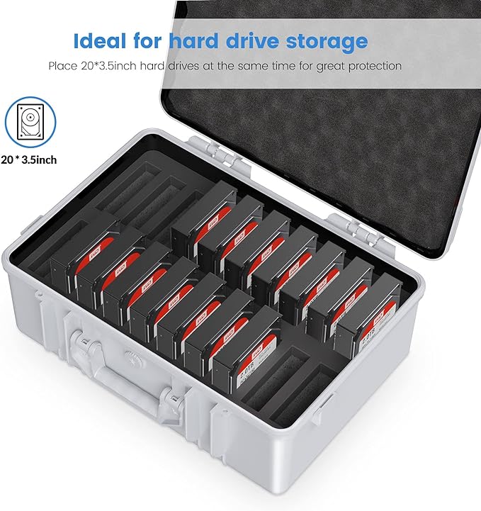 ORICO Hard Drive Case 3.5inch 20-Bay HDD/SSD Multi-Protection Storage Suitcase with Foam Hard Case Shockproof Anti-Static MoistureProof Carrying Box-PSC L20
