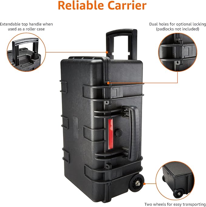 Amazon Basics Hard Protective Camera Case with Wheels, Large, Black, 22"L x 14"W x 9.8"H