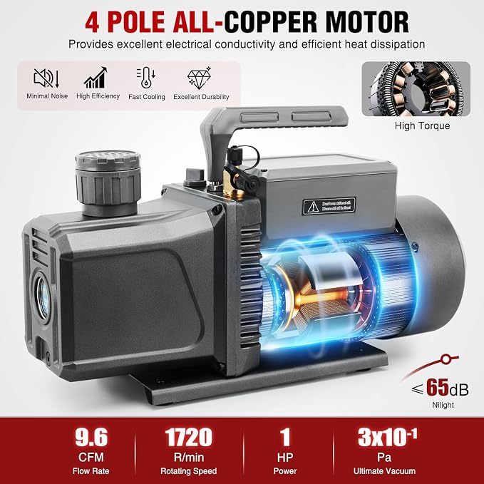 Nilight HVAC Vacuum Pump, 9.6 CFM 1 HP 110V 2 Stage AC Vacuum Pumps Kit for R22 R404a R134a R410a, 3x10⁻¹ Pa Ultimate Vacuum for Auto Air Conditioning Servicing Refrigerant Recharging, Oil Included