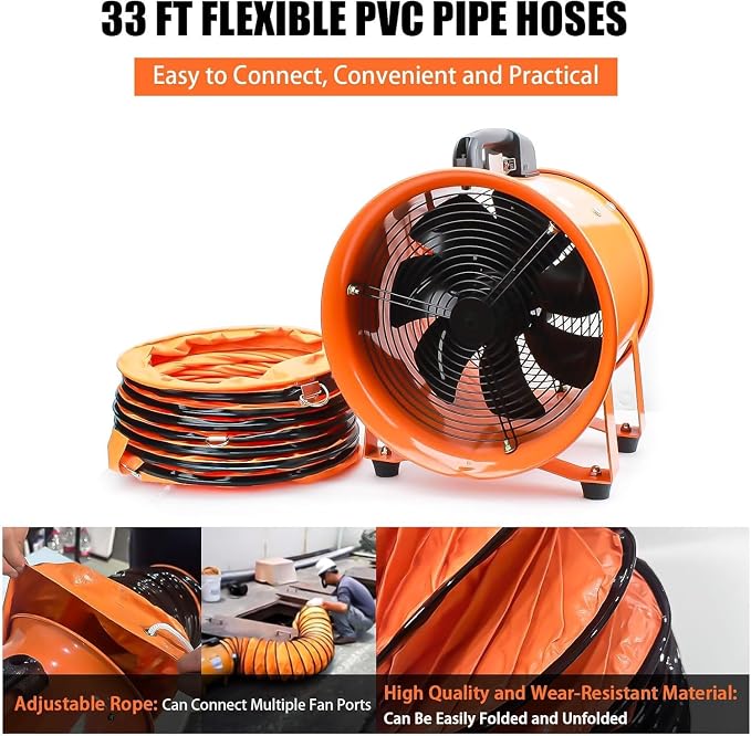 8-Inch High-Velocity Portable Utility Blower Fan, Industrial Exhaust Fan with 33ft Flexible Duct Hose, 3150 RPM Low-Noise Ventilator for Basements, Workshops, Warehouses, and Confined Spaces