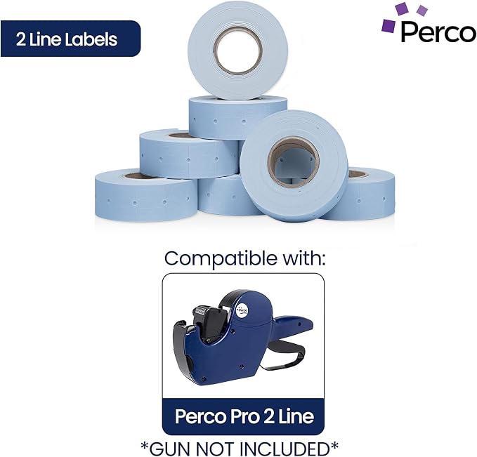 Perco 2 Line Blue Labels - 24,000 Blank Price and Date Gun Labels for Perco 2 Line Price and Date Guns - 32 Rolls, 4 Sleeves - Made in USA