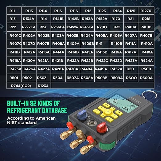 HVAC Digital Manifold Gauge Set for 92 Refrigerant Digital HVAC Gauges Pressure&Temp Test R134A R410A R404A R22 Refrigerant Gauges with Hoses, Upgraded Ball Valve,for Air Conditioning & Refrigeration