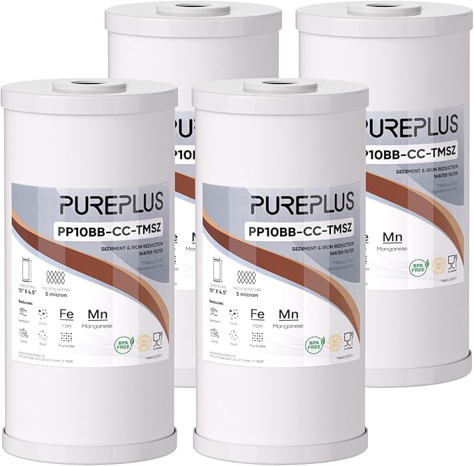 PUREPLUS 10" x 4.5" Whole House Iron Reducing Sediment Filter Compound for Well/TAP Water-Compatible with GE FXHTC, GXWH40L, GXWH35F, GNWH38S, Culligan RFC-BBSA, WRC25HD, Pentek RFC-BB,4Pack