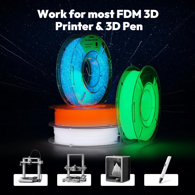 AMOLEN Glow in the Dark 3D Printer PLA Filament Bundle, Glow Shiny Firefly Blue, Orange, Green, and White, 1.75mm PLA Filament for Most FDM 3D Printer, Dimensional Accuracy +/- 0.02 mm, 200g X 4 Pack