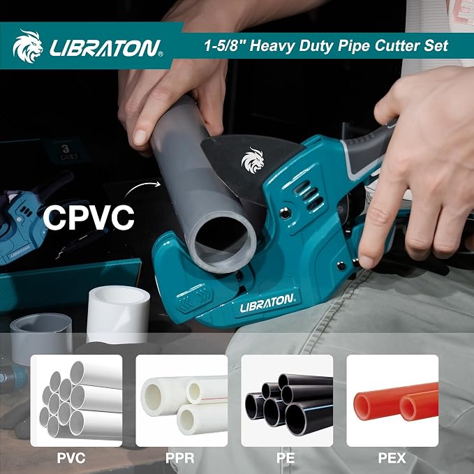 Libraton PVC Pipe Cutter, Up to 1-5/8", Ratchet Pipe Cutter Tool for PEX, PVC, PPR Plastic Hoses Plumbing, Heavy-Duty Pipe Cutter with Deburring Tool Replacement Blade, 2 Adjustable Cutting Ranges