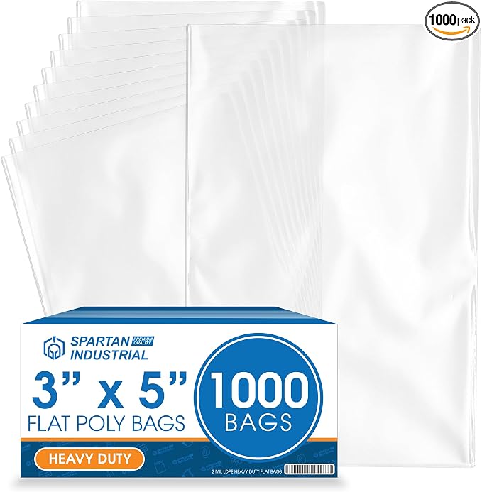 3" X 5" Open-End Flat Poly Bags (1000 Count) - 2 Mil Clear Heat-Sealable Plastic Bags for Packaging, Shipping, Storage - No Adhesive Strip - Spartan Industrial