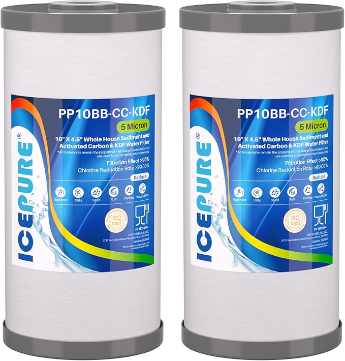 ICEPURE 5 Micron 10" x 4.5" Whole House Sediment Activated Carbon and KDF Water Filter Compatible with GE FXHTC, GXWH40L, RFC-BBSA W50PEHD Whirlpool WHKF-GD25BB GXWH35F GNWH38S Dupont WFHD13001, 2PACK
