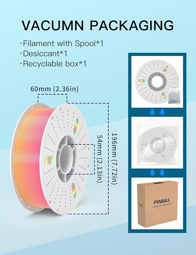 PINBALL Silk Rainbow PLA 3D Printer Filament 1.75mm Shiny Multi-Color Changing Filament 3D Printing PLA Filament Dimensional Accuracy +/- 0.02mm 1 KG Silk Rainbow Macaroon