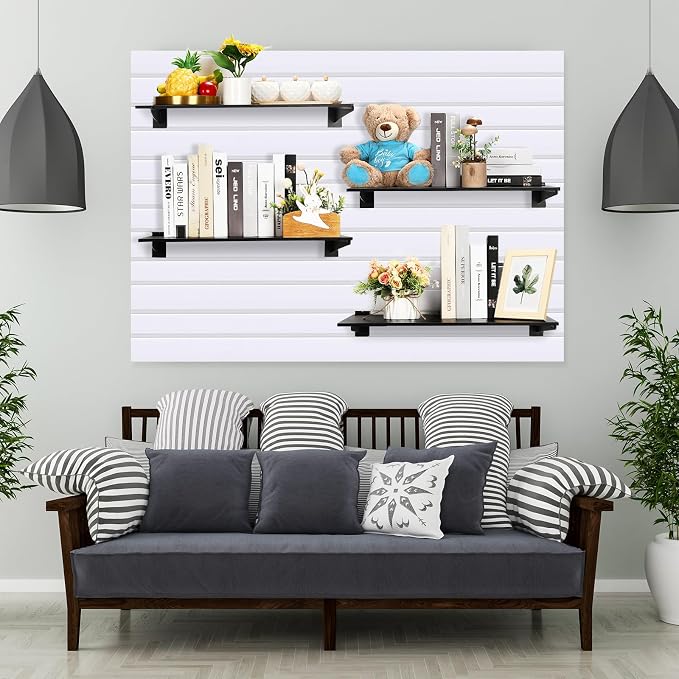 Barydat 6 Sets 23.6 x 11.8 Inch Slatwall Shelves with Metal Brackets Set Heavy Duty Slat Wall Knife Shelf Bracket Accessories Wall Organizer for Garage and Retail Display, Black