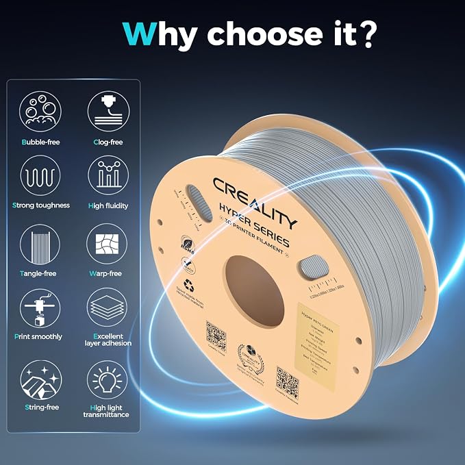 Creality PETG Filament, Hyper 1.75 mm 1 kg PETG: High-Speed 3D Printer Filament 30-600 mm/s, Dimensional Accuracy +/- 0.02 Cardboard Spool (2.2 lbs) for Most FDM 3D Printers,Grey