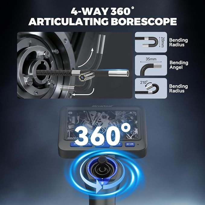 4-Way 360° Articulating Borescope with Light & Detachable Joystick, 5" HD Screen 6.2mm/0.24 in Slim Inspection Camera, 4.0Ft Semi-Rigid Cable for Automotive,HVAC,Mechanical