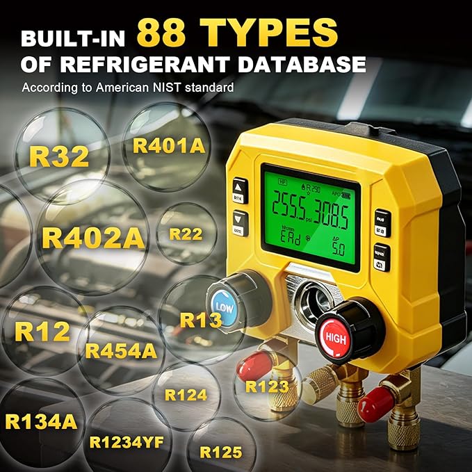 Jack Boss Digital HVAC Manifold Gauge with R134a R1234yf Quick Couplers & Can Taps, Compatible with R134a R410a R32 R1234yf R454B, 3 Hoses AC Refrigerant Recharge Kit
