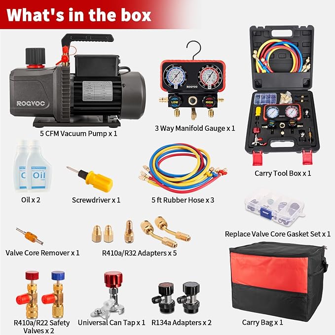 5 CFM AC Vacuum Pump and Manifold Gauge Set, 110V 1/2 HP Single Stage Rotary Vane Air Vacuum Pump HVAC for R12, R22, R410a, R134a AC Refrigerant Recharging with Carry Bag