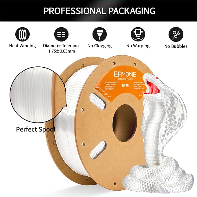 ERYONE Silk PLA Filament for 3D Printer 1.75mm +/- 0.03mm, Shiny Filament 1kg (2.1lbs)/Spool, Silk White