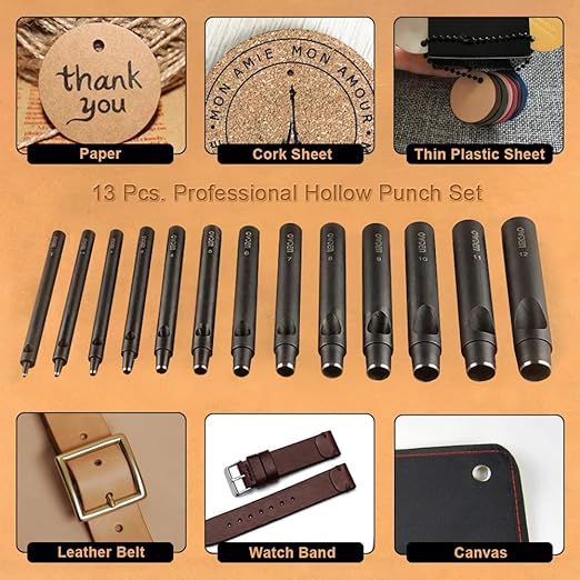 OWDEN Professional 13 Pcs Leather Hole Punch Set (Slim Style) 1.0-12MM for Belt,Watch Band and Strap Gasket. with a Free 3" Nylon mat.