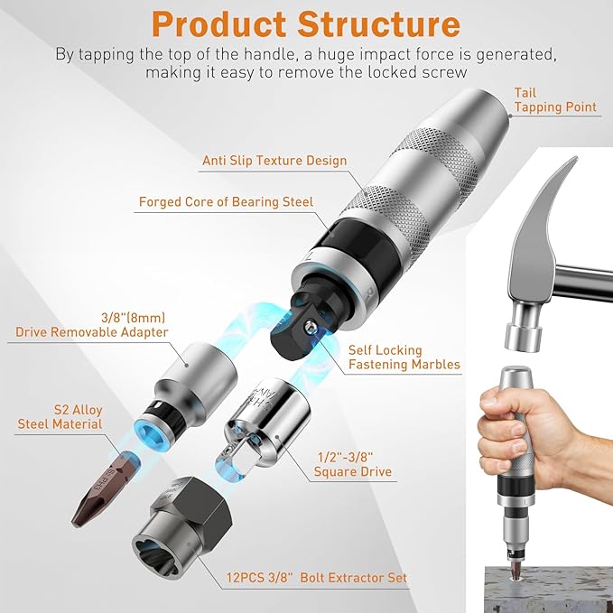 12PCS 3/8" Hand Manual Impact Driver and 8PCS 3/8" Bolt Extractor, XEWEA Reversible Impact Screwdriver Slotted,Phillips,Hexagonal Bit, for Removing & Fasteners Damaged, Rusted Screw Bolt