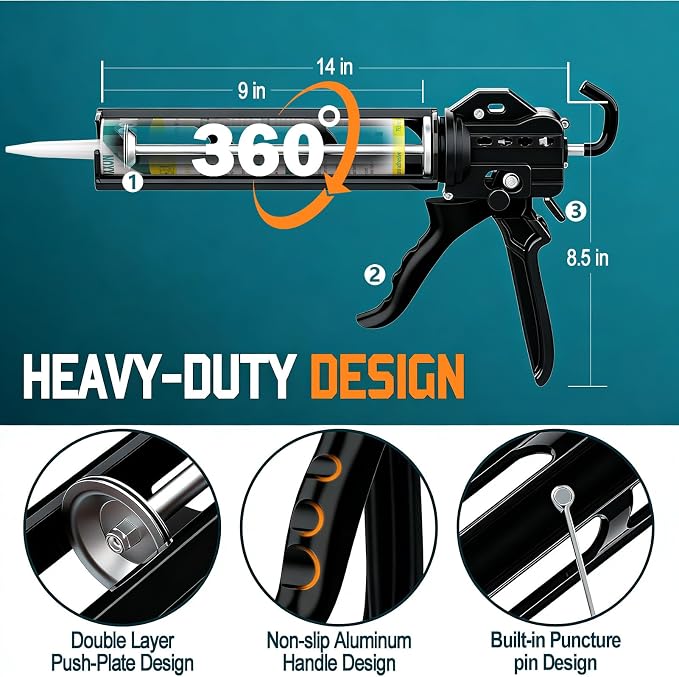 2026 One-Touch Drip-Free Caulk Gun | Effortless & Professional Design with Heavy-Duty Metal Body, 18:1 Thrust Ratio | For 9, 10, 11 oz Silicone Tubes Black