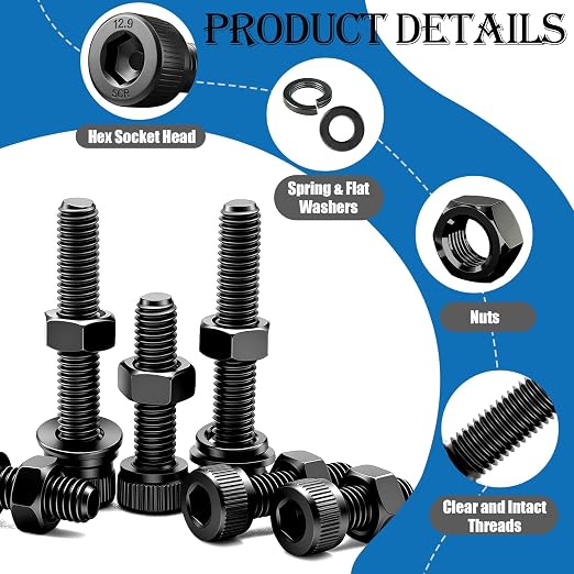 mxuteuk 2000PCS Metric Screw Assortment Kit,M6 M5 M4 M3 M2 Machine Screws,12.9 Carbon Steel Black Zinc Plated Hex Socket Head Cap Bolts Nuts and Washers Kit for 3D Printing DIY